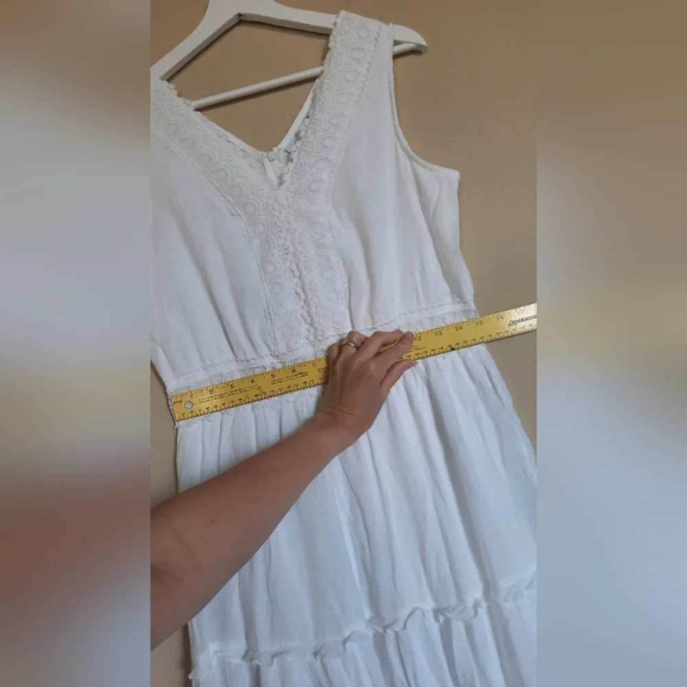 Vintage VTG Boho White Tiered Crochet Lace Prairie Boho Cowgirl Dress Sundress